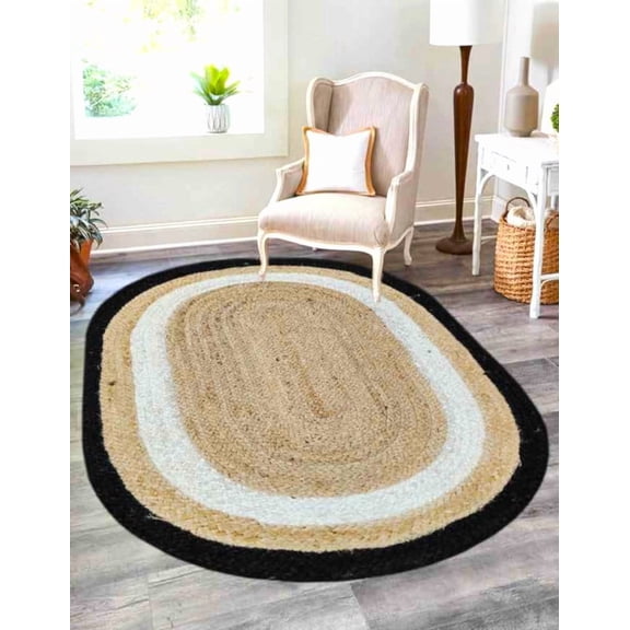 5x7 Ft Oval Black White & Natural Jute Area Rug, Hand-Woven, Reversible, Farmhouse Boho Style, Durable & Pet-Friendly Rug for Living Room, Dining Room, and Bedroom