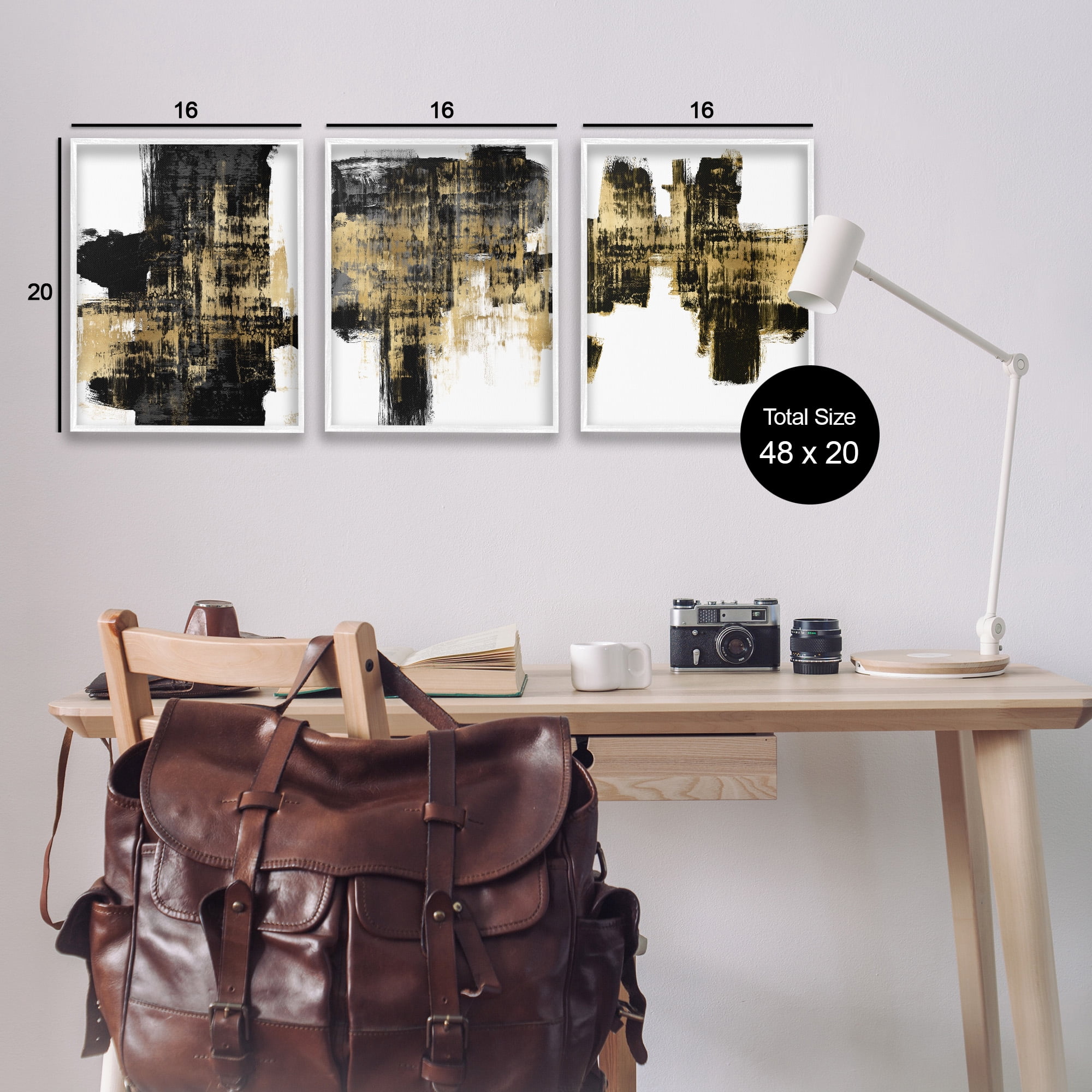 Stupell Industries Bold Black Brushstrokes with Gold Abstract Painting White Framed Art Print Wall Art, 16 x 20, Set of 3