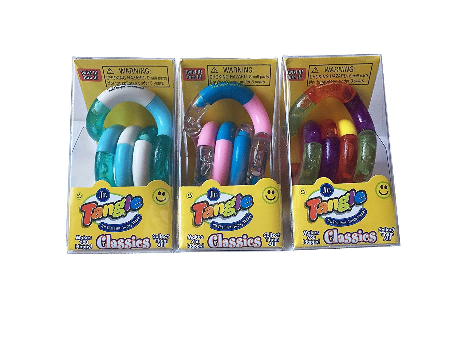 Tangle Jr. Classic Sensory Fidget Toy, Set of 3,  Purple Green, Pink Blue, White Blue