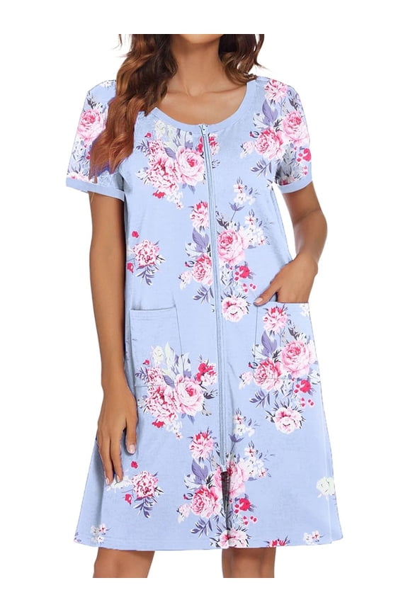 Women Zipper Front Robes Short Sleeve House Coat Zip Up Short Loungewear Dress with Pockets Nightgown Sleepwear Bathrobes