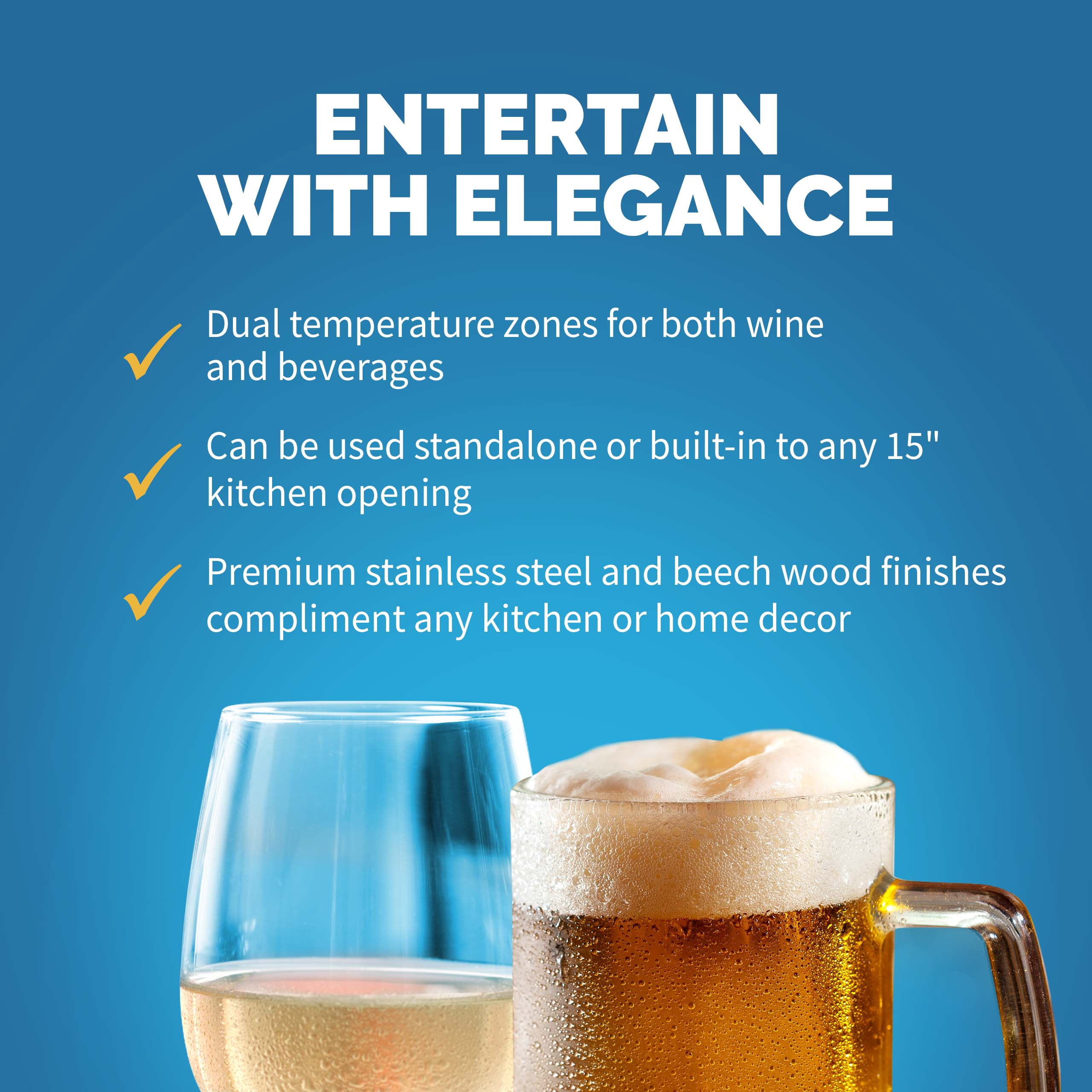 Newair 15” Dual Zone Beverage Cooler with Removable Beech Wood Shelves, Stainless Steel
