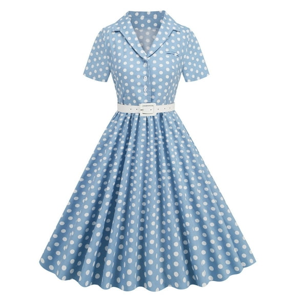 Brglopf 1950s Polka Dot Dresses for Women Vintage Rockabilly Retro Short Sleeve Button up Dress Cocktail Party Evening Prom Gown with Belt Light Blue S