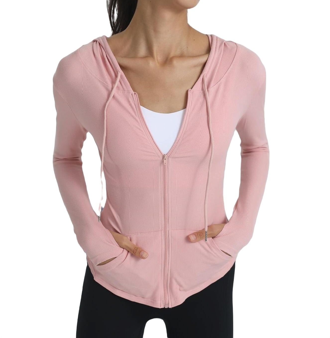 Womens Activewear Sports Jackets Solid Color Hooded Zipper Baby Pink M
