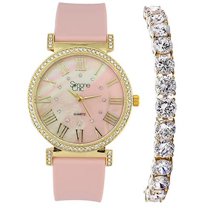 Stand Out Get Noticed! Big Face Ladies Bejeweled Rubber Iced Out Colorful Watch with Genuine Rhinestone Diamond Accents - Touch of Female Celebrity Glamour - ST10800T Blush Tennis