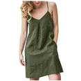 thumbnail image 2 of Breaise Womens Linen Spaghetti Strap Sleeveless Summer Mini Dresses Solid Loose Fit Short Cami Dresses with Pockets Beach Party Sundresses Cotton Linen Dresses for Women Army Green S, 2 of 6