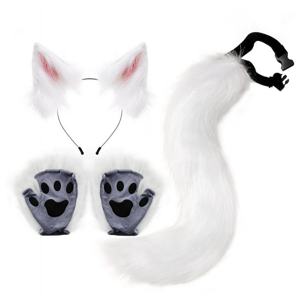 4x conjunto de orejas y cola de felpa, orejas de felpa sintética, guantes con pinza para el pelo, disfraz de Cosplay blanco y rosa Zulema Traje de juego de cosplay