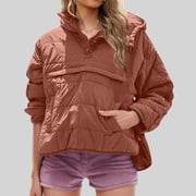 Jsaierl Womens Quilted Pullover Jacket Lightweight Oversized Puffer Jackets Winter Warm Hooded Coats Casual Solid Color Long Sleeve Down Coat with Pockets
