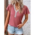 thumbnail image 3 of Tops elegantes con botones de empalme de gofres para mujer, camiseta de manga Feifei de estilo dulce, camisetas rectas informales para mujer 2023, 3 of 5