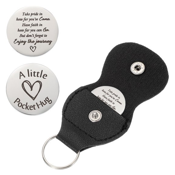 Pocket Hug Token, Double Sided Coin with Leather Keychain Long Distance Relationship Inspirational Keepsake Gifts, Take Pride in How Far You've Come.