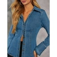 thumbnail image 6 of Denim Shirt Tops for Female Button Down Slim Fitted Long Sleeve V Neck Light-Weight Jean Jackets Denim Blue S, 6 of 9