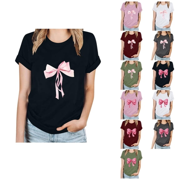 Ahuyic Womens Plus Size Top,Womens Summer Blouse,Womens Breathable Bow-Print T-Shirt - Round-Neck Short-Sleeve Casual Top for Summer Outings Green XL