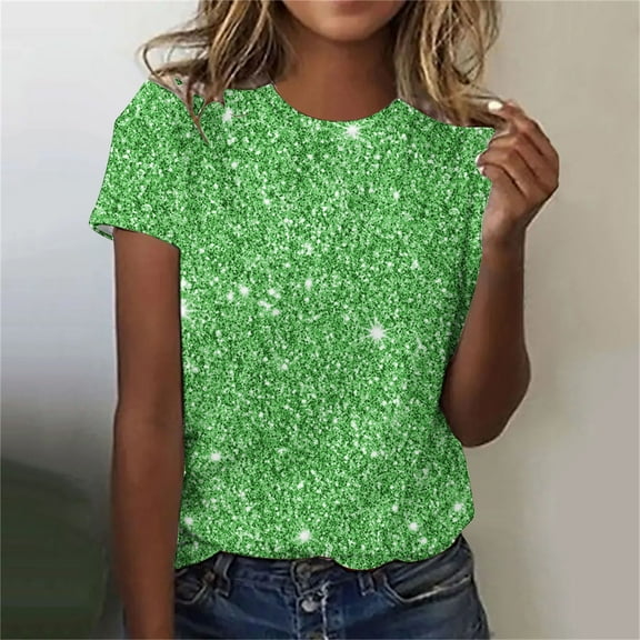 DDAPJ pyju Sequin Tops for Women 2025 Fashion Short Sleeve Crewneck T-shirts Shimmer Glitter Tops Sparkly Shirt Concert Disco Party Tee Birthday Gifts Green S