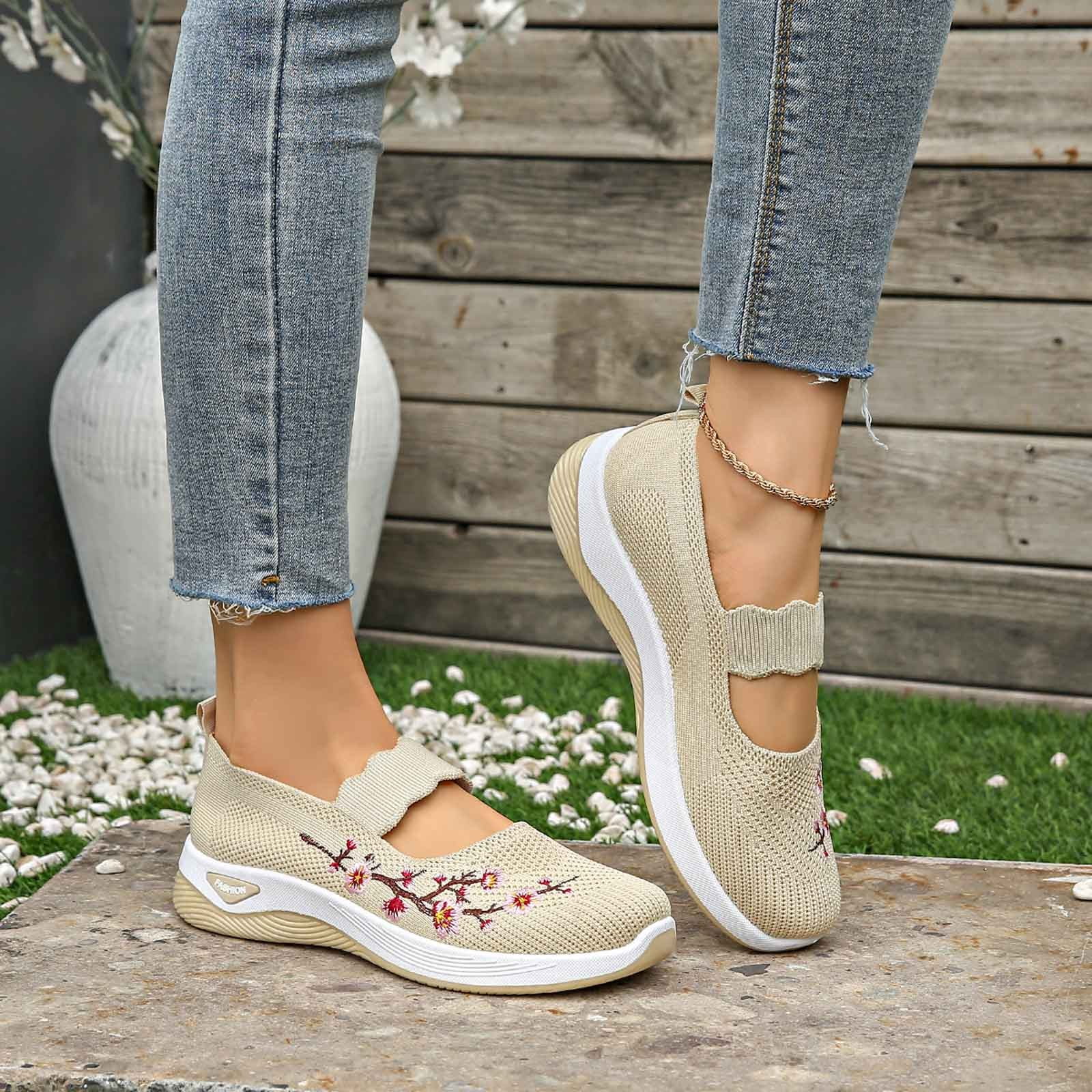 Women's Flower Embroidered On Knitting Flat Loafers,Mary Jane Breathable Elastic Mesh Comfy Platform Non Memory Foam Mom Walking Nurse Shoes Casual Walking Sneakers