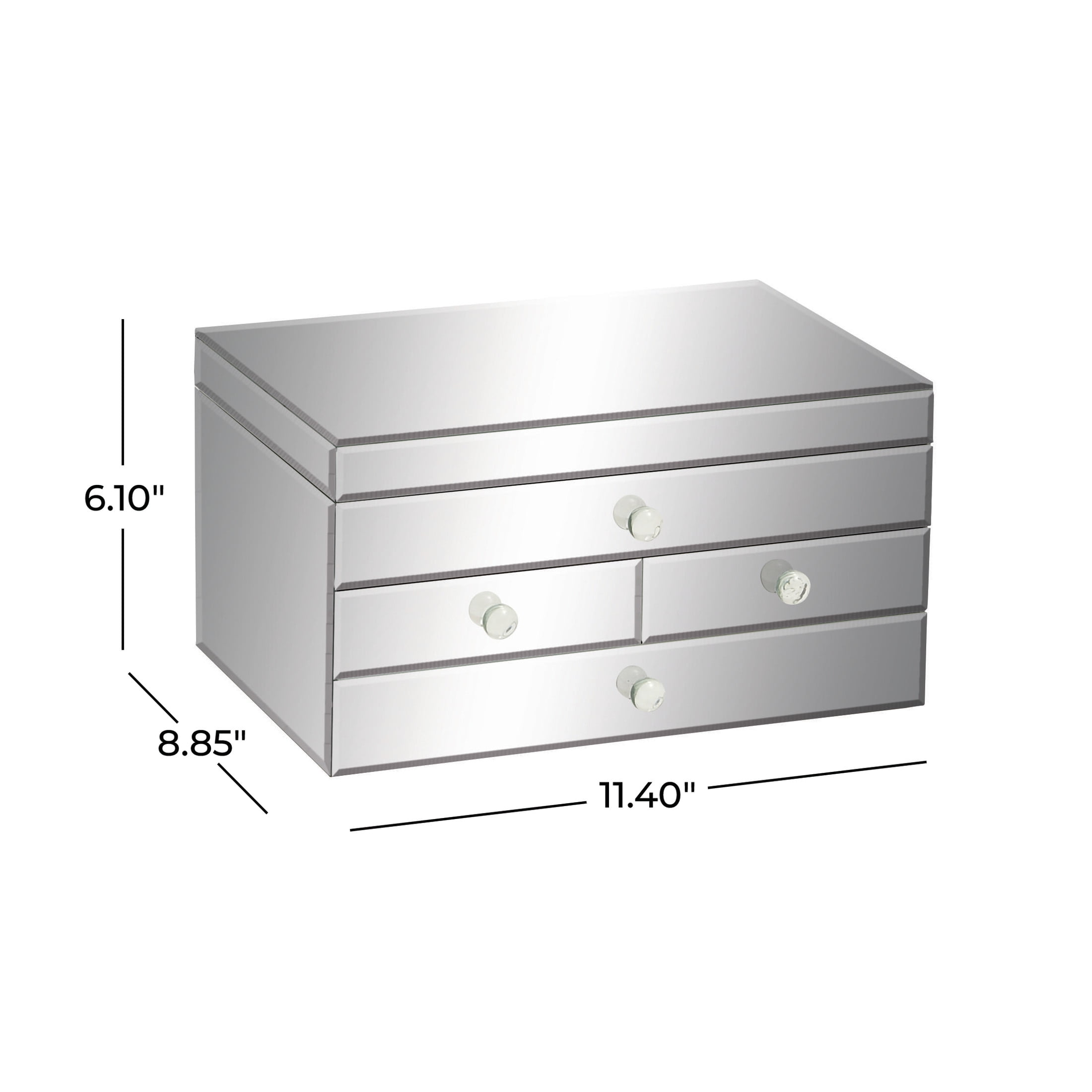DecMode Silver Glass Mirrored 4 Drawer Decorative Jewelry Box with