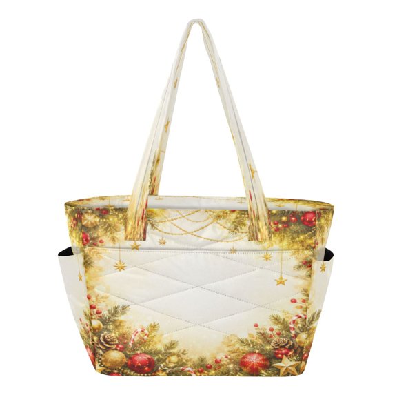 Quilted Tote Bag Large Capacity Multi-Compartment Handbag Festive Christmas Ornament Frame Lightweight Structured Shoulder Bag Versatile Casual Bag