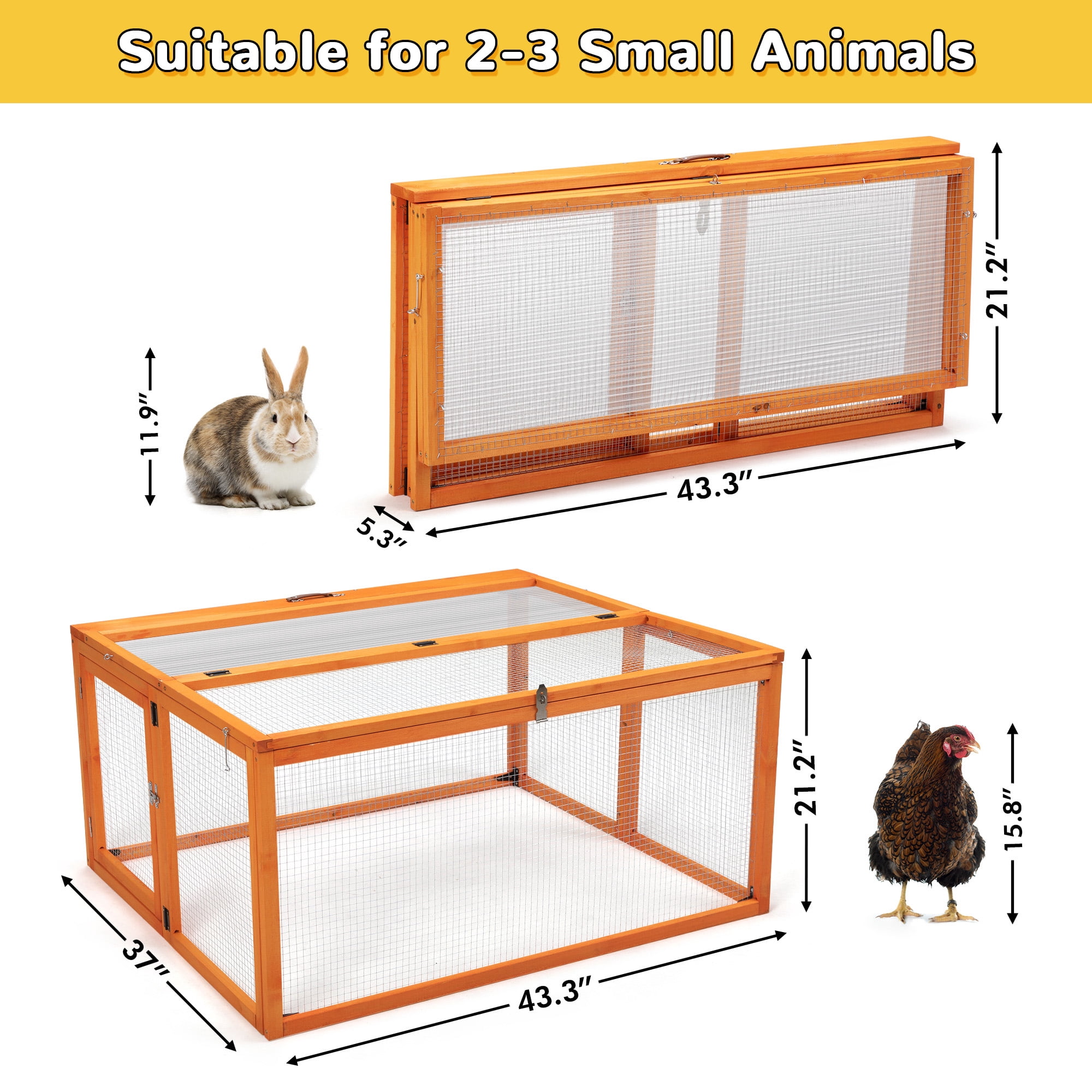Folding Rabbit Hutch, Portable Wood Chicken Coop Run, Outdoor Pet Cage with Openable Sun Panel Top