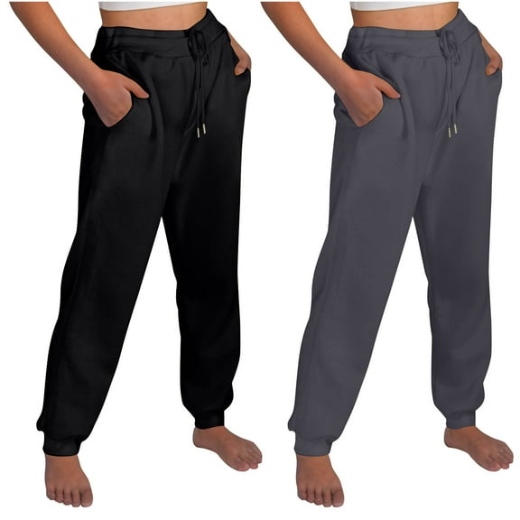 Trushirts Women's Plus 2 Pack Polyester Sweatpants, Black 3XL Relaxed Fit with Drawstring Waist & Side Pockets, Casual Lounge Light Workout Tapered Leg Pants