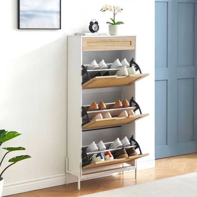 QinaQin Zapatera de ratán con 3 cajones abatibles y patas de metal, mueble delgado de almacenamiento para zapatos, ideal para entrada o pasillo en color negro