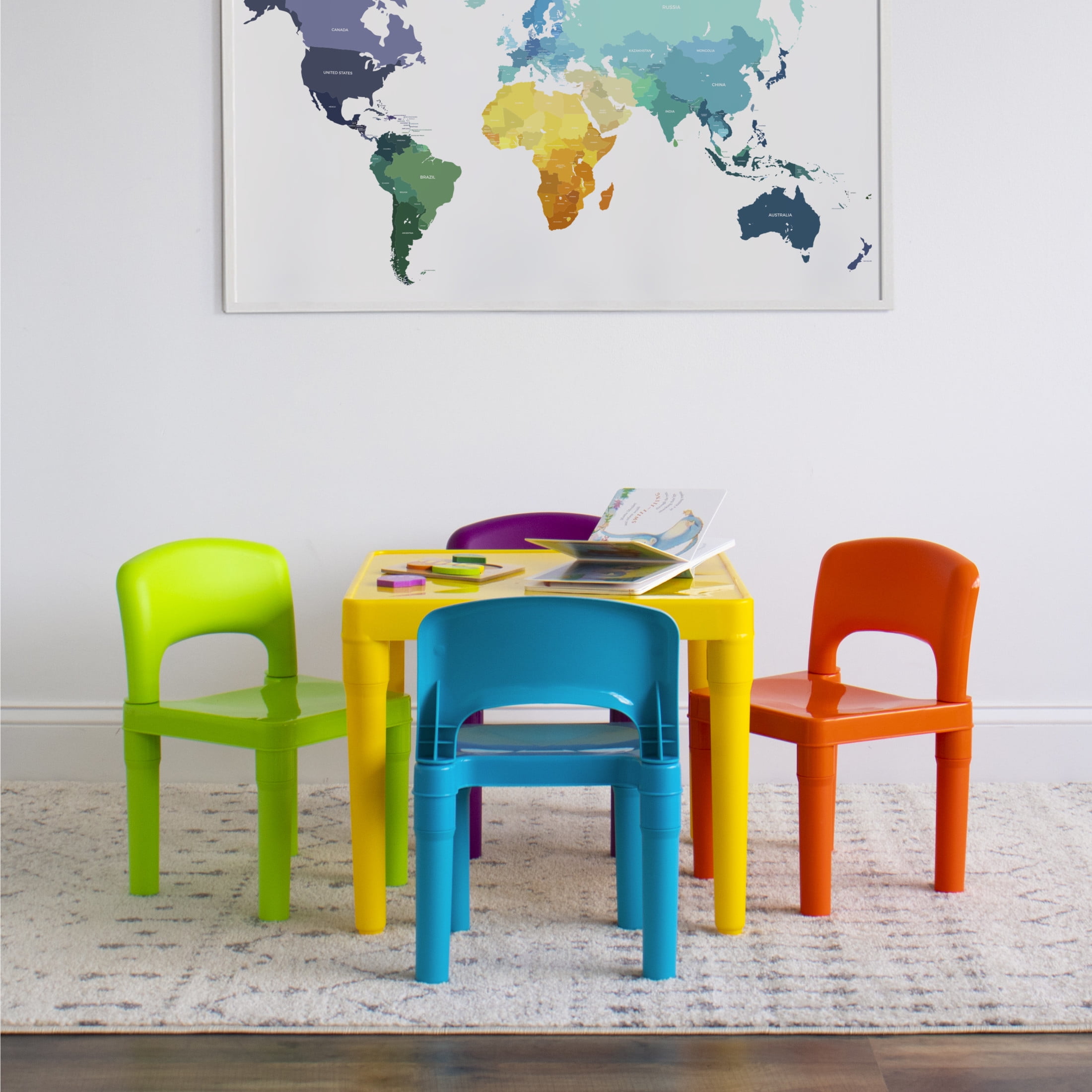 Humble Crew Vibrant Toddler Lightweight Plastic Table and 4 Chairs Set, Square Yellow Table & Orange/Green/Blue/Purple Chairs
