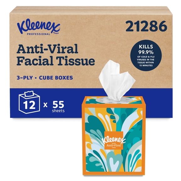 Kleenex Professional Anti-Viral Facial Tissue, Bulk (21286), 3-Ply, White, Upright Cube Boxed Format, Designed for Business (55 Tissues/Box, 12 Boxes, 660 Sheets/Case)