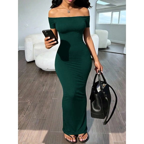 Womens Dark Green Off-Shoulder Short Sleeve Fitted Bodycon Long Dress