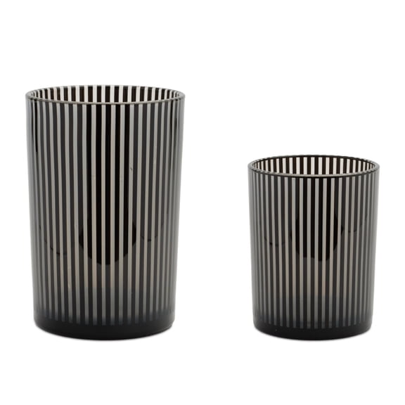 Melrose Striped Glass Candle Holders - 7" - Black and White - Set of 2