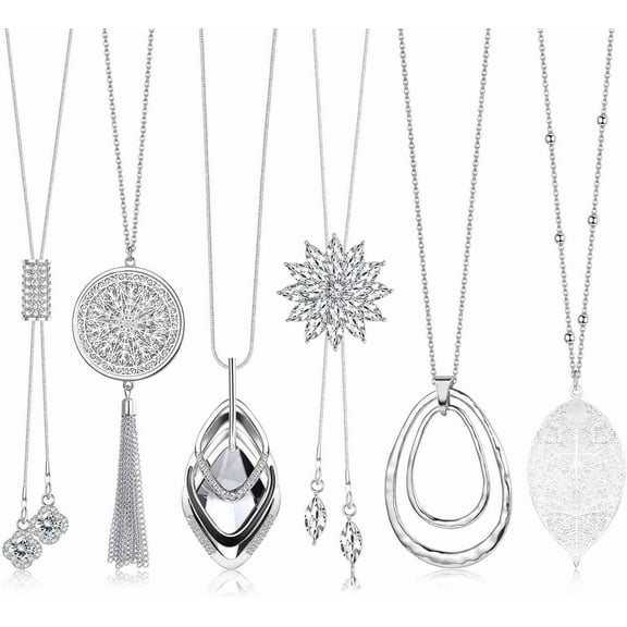 6pcs Long Pendant Necklaces for Women, Long Sweater Necklaces Silver Flower Tassel Disk Circle Leaf Statement Sweater Chain Necklace Set Fashion Jewelry