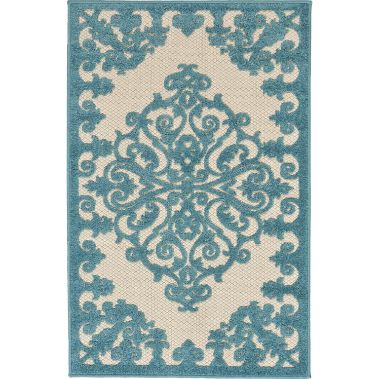 3' X 4' Aqua Damask Indoor Outdoor Area Rug 3' X 4' Aqua Damask Indoor Outdoor Area Rug
