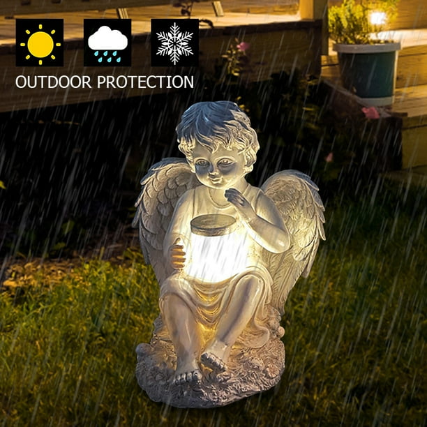 Resin Angel Wings Figurinas Ornamento de jardín Lámpara solar Estatua de ángel 3d Regalos de Navidad impermeables para el patio al aire libre