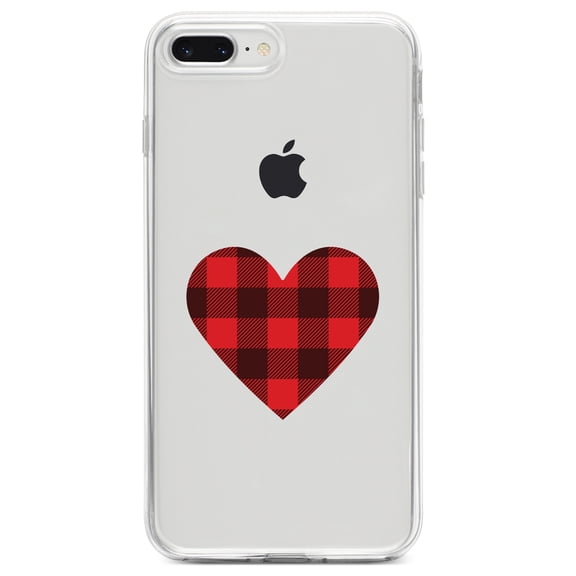 DistinctInk Clear Shockproof Hybrid Case for iPhone 7 PLUS / 8 PLUS (5.5" Screen) TPU Bumper Acrylic Back Tempered Glass Screen Protector - Buffalo Heart - Red Black Plaid