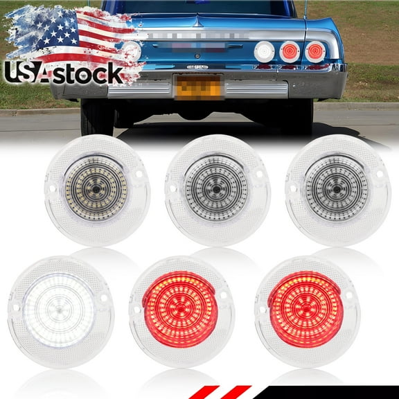 6PCS Clear Lens Rear Bumper Reflector Lights Rear Light  Reverse Light Red  LED Tail Light  Brake Lights & White LED Backup Lights  For 1964 Chevy Impala