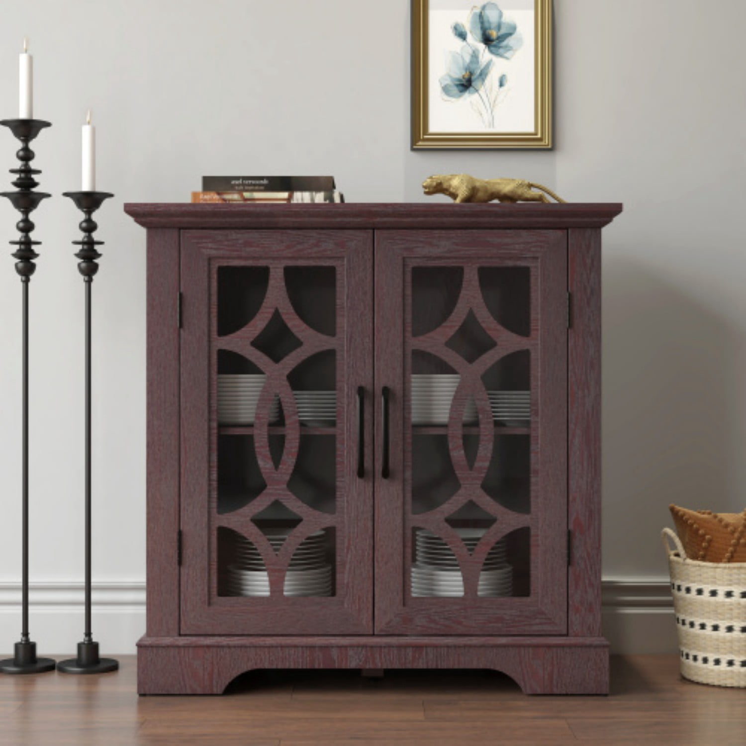 34.37" Modern Glass Door Sideboard Buffet Cabinet, MDF Storage Credenza with Adjustable Shelf, Tempered Glass Display Cabinet for Dining Living Room Kitchen, Ox Blood Red