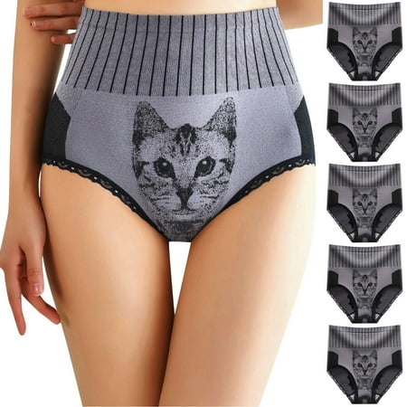 

〖TOTO〗Women Panties Tummy Control 5Pcs Women Ladies Cat Head Floral Printed High Waist Lace Panties Underwear