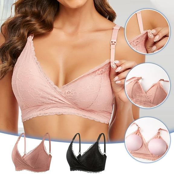 CFLVAEK Cotton Nursing Bras for Women Ultra Comfort Wirefree Push Up Maternity Bra Criss Cross Lace Bralette Comfy Front Closure Bras for Pregnancy Black L