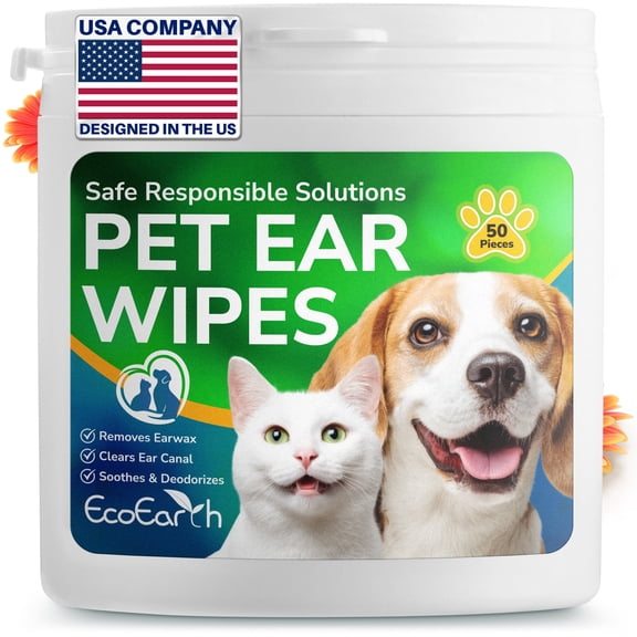 EcoEarth Pet Ear Cleaner Wipes, Disposable Finger Wipes for Dogs & Cats, 50 pcs