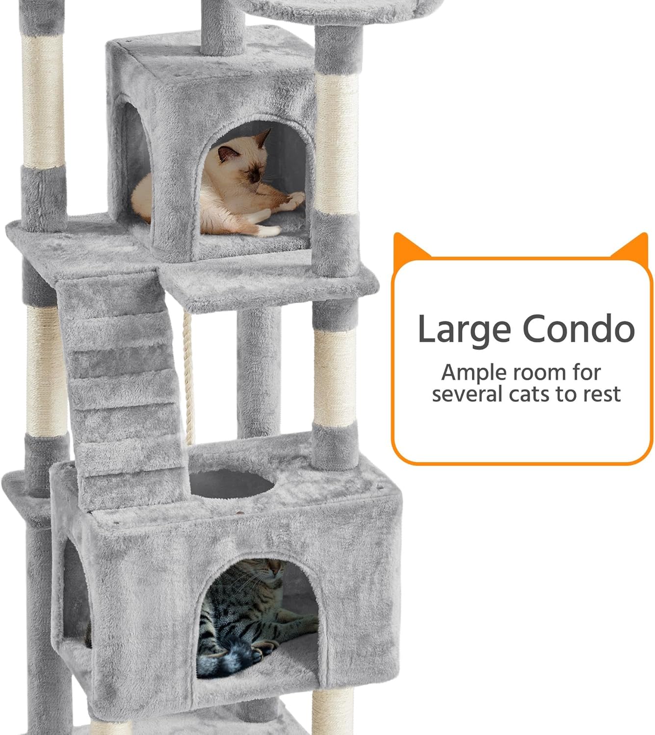 ZYPPP  XL Cat Tree, 72in Multi-Level Cat Tower with 2 Cozy Caves, 3 Soft Perches, Scratching Posts, Board, and Dangling Ball, Pet Furniture Play House for Kittens/Cats, Light Gray