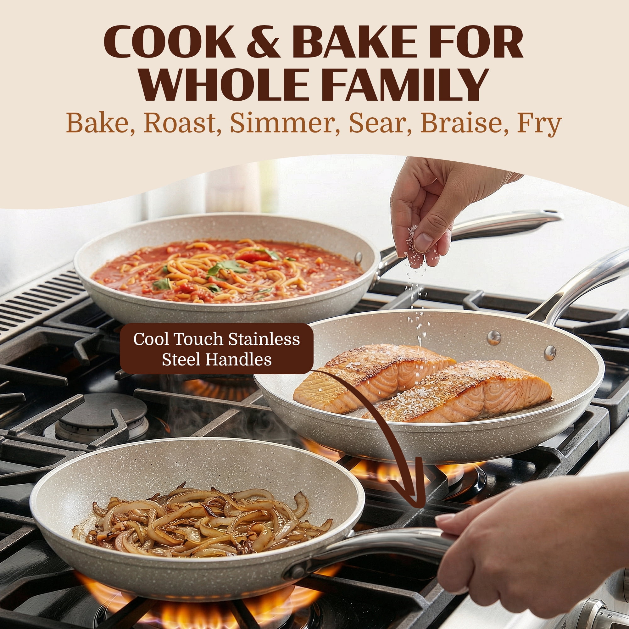 Granitestone 3 Pc Nonstick Frying Pan Set, 8" 10" 12" Frying Pans, Easy Clean Ceramic Frying Pan, Egg Omelet Pan Set, Oven & Dishwasher Safe Skillet, Cream