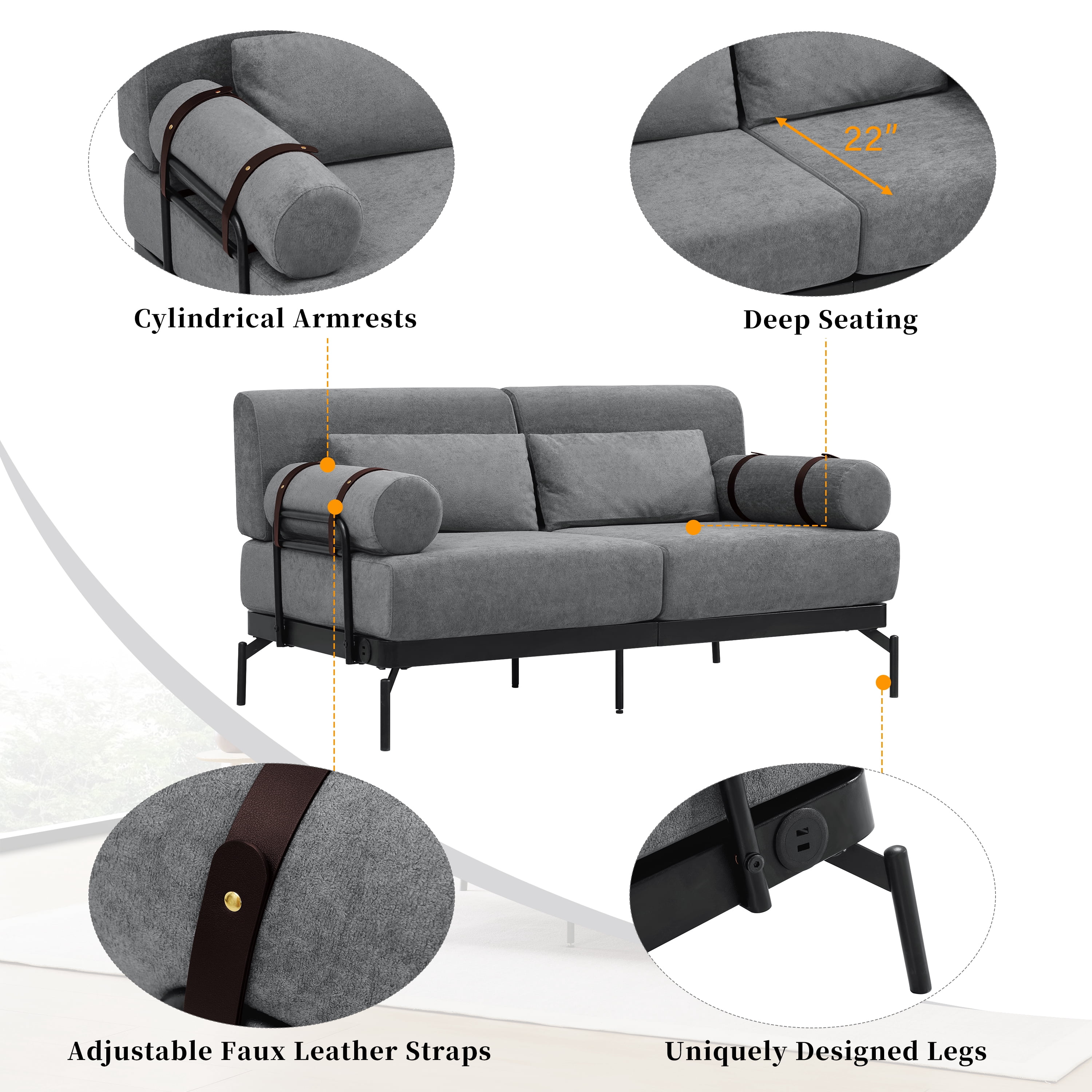 Euroco Modern Loveseat Sofa with Cylindrical Armrests, USB Charging Ports, Thick Cushions, Steel Frame & High Legs – 59" Wide, Chenille Upholstery, Easy Assembly
