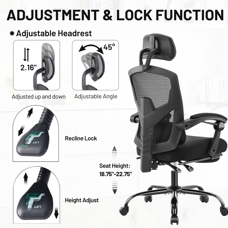 Ergonomic Office Chair with Footrest, Swivel Mesh Chair with Lumbar Support, Headrest and Flip-up Armrests for Home Office, Black