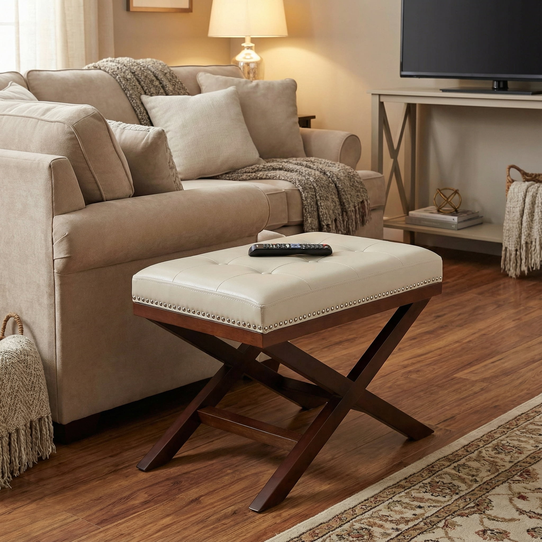 Cortesi Home Kayla Traditional X Bench Ottoman in Vinyl with Nailhead Trim, Cream