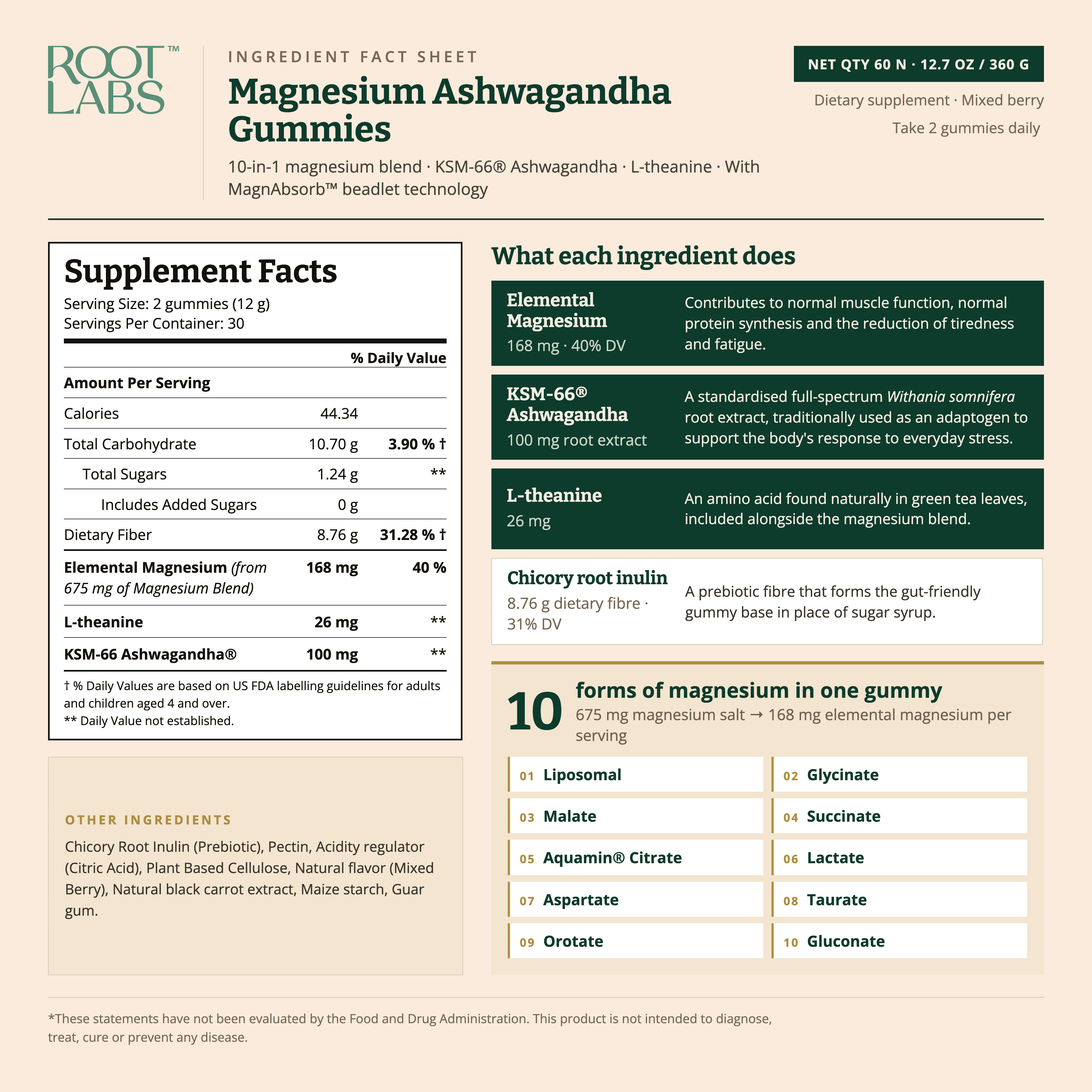 Root Labs Magnesium Glycinate Gummies with Ashwagandha & L-Theanine, 675mg, High Bioavailability, 60 Gummies, Pack of 1