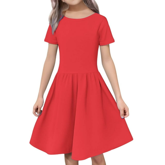 XIMIN Robe d'Été Décontractée pour Filles à Manches Courtes, Col Rond, Ligne A, Fluide, Midi, Robe Soleil pour l'École, Fête, Plage, Vacances, Tenue Quotidienne (Rouge, 7-8 Ans)