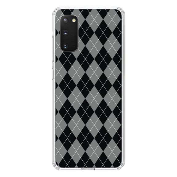 DistinctInk Clear Shockproof Hybrid Case for Galaxy S20 ULTRA / 5G (6.9" Screen) - TPU Bumper, Acrylic Back, Tempered Glass Screen Protector - Black Grey White Argyle