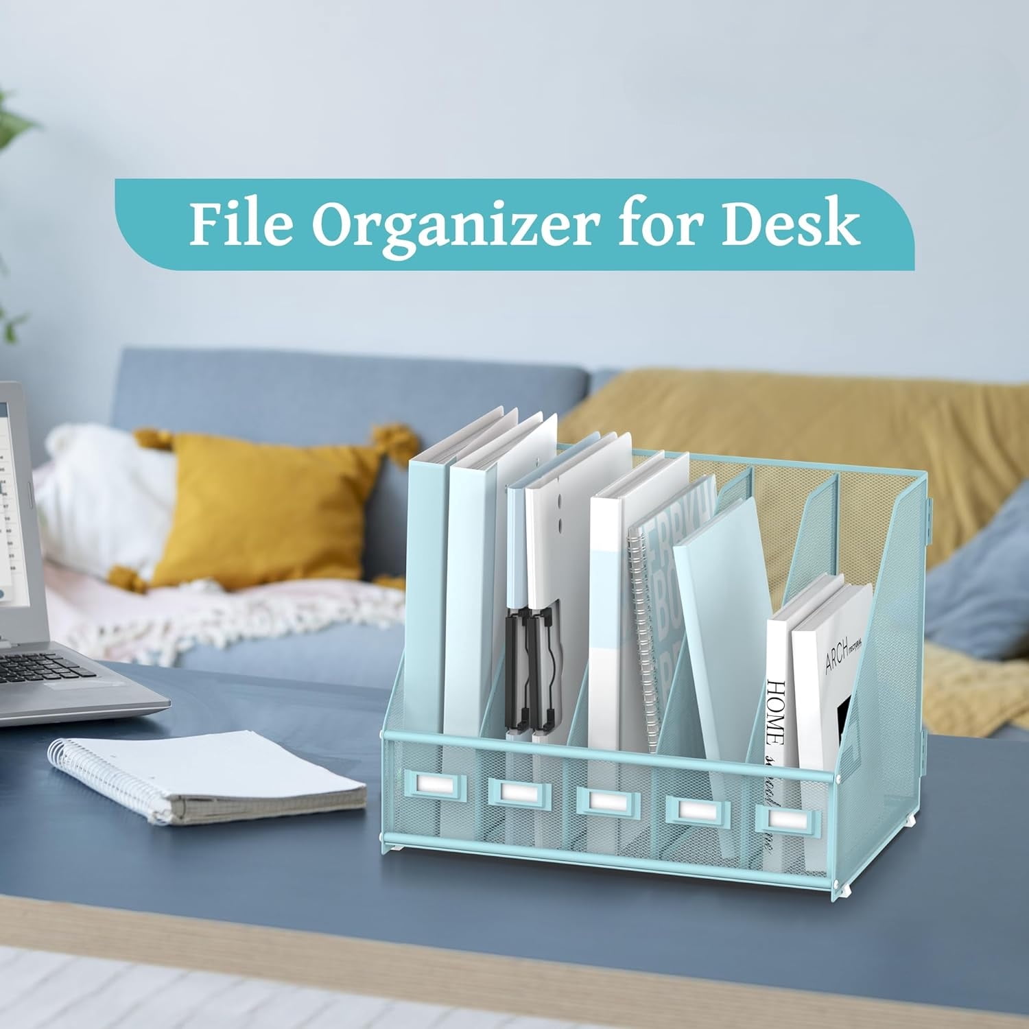 INTIGE Desk Organizer Magazine File Rack with 5 Vertical Compartments, Metal Mesh for Desk and Home Workspace