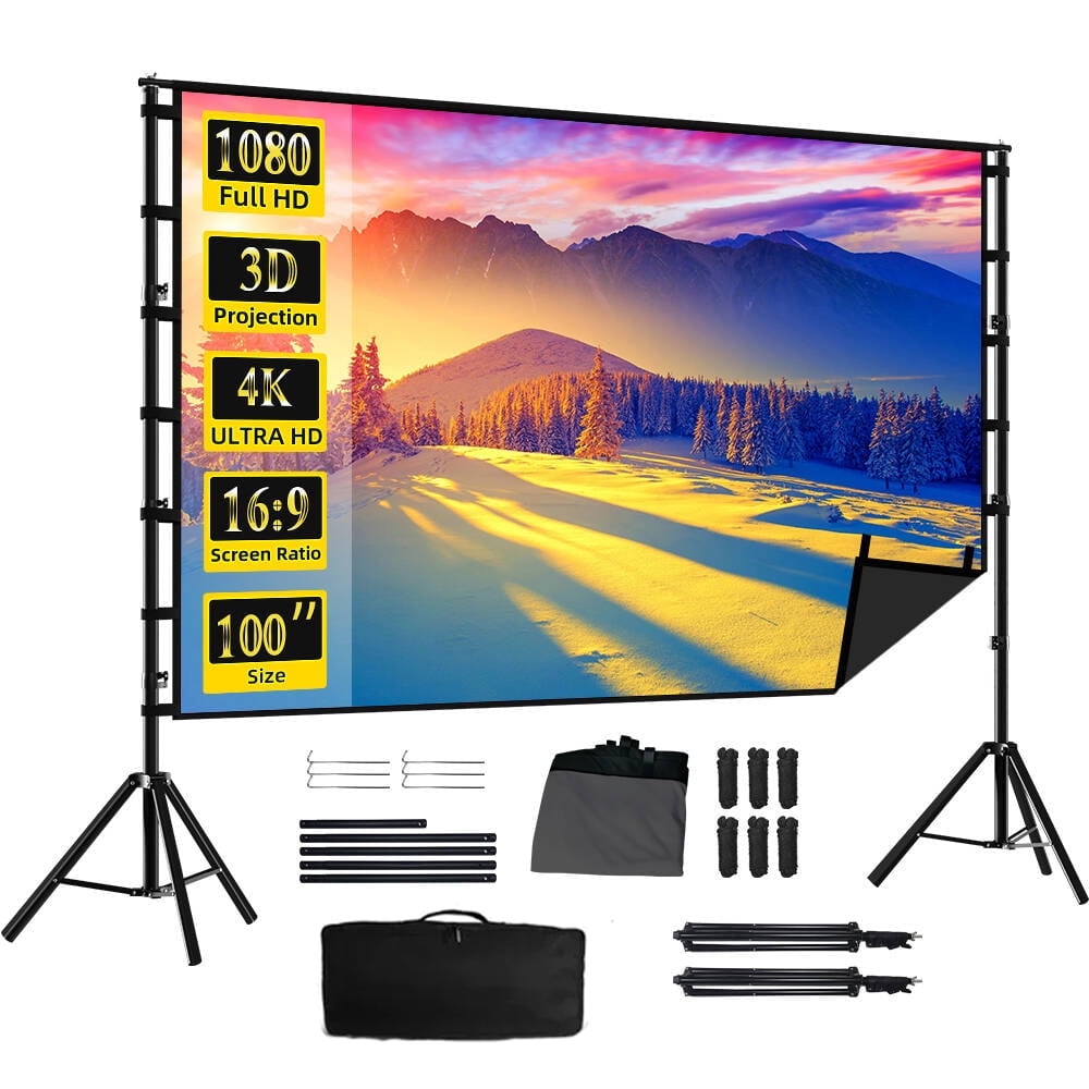 HVKDIEB Outdoor Projector Screen with Stand, 100 Inch Milk Silk Fabric with Black Backing, Double Tripod Movie Screen with Carry Bag for Backyard Home Theater