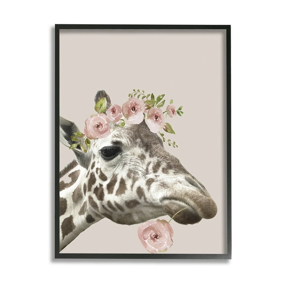 Stupell Industries Giraffe with Rose Crown Animals & Insects Painting Black Framed Art Print Wall Art, 11 x 14