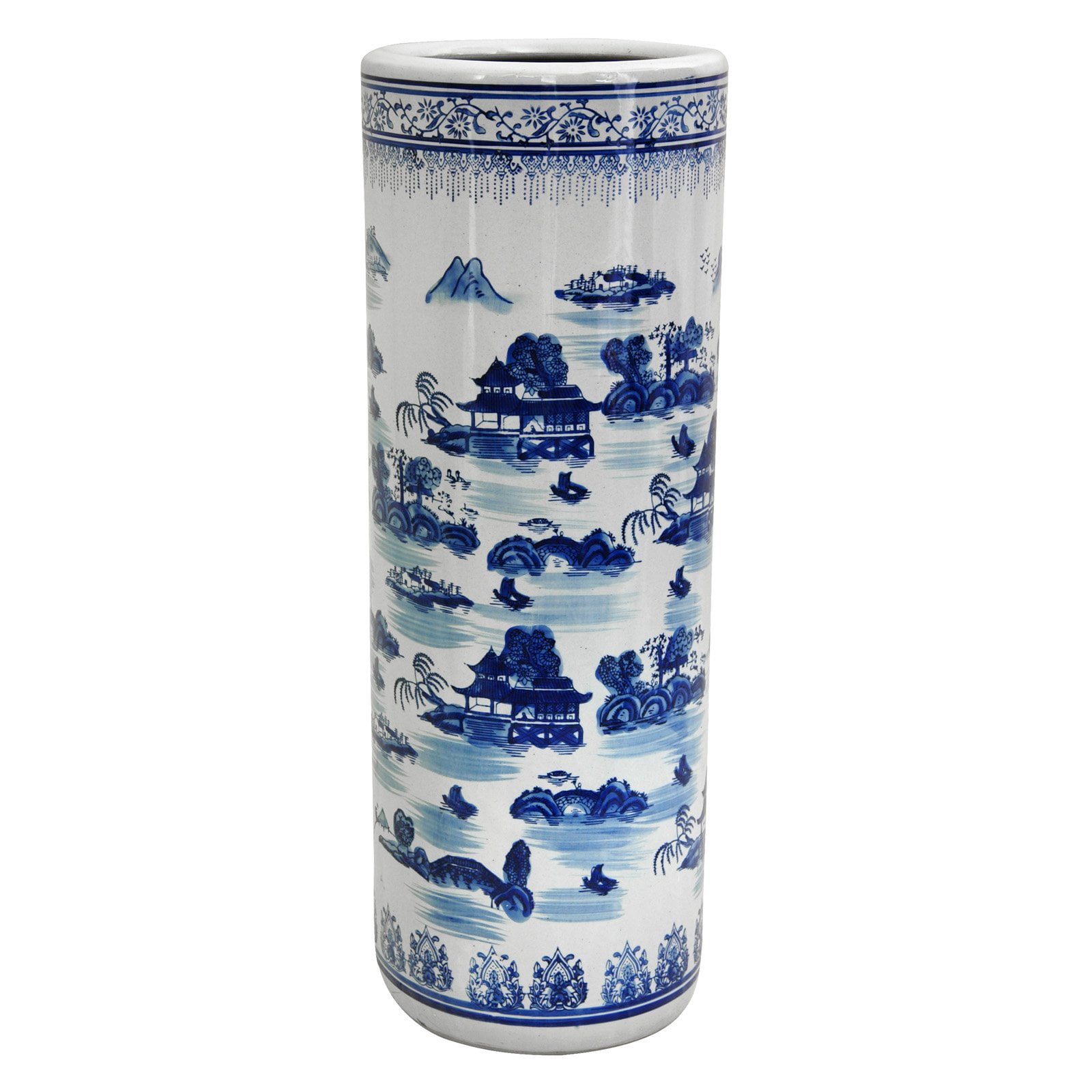 Classic Blue and White Floral 24 Porcelain Umbrella Stand Bird Design