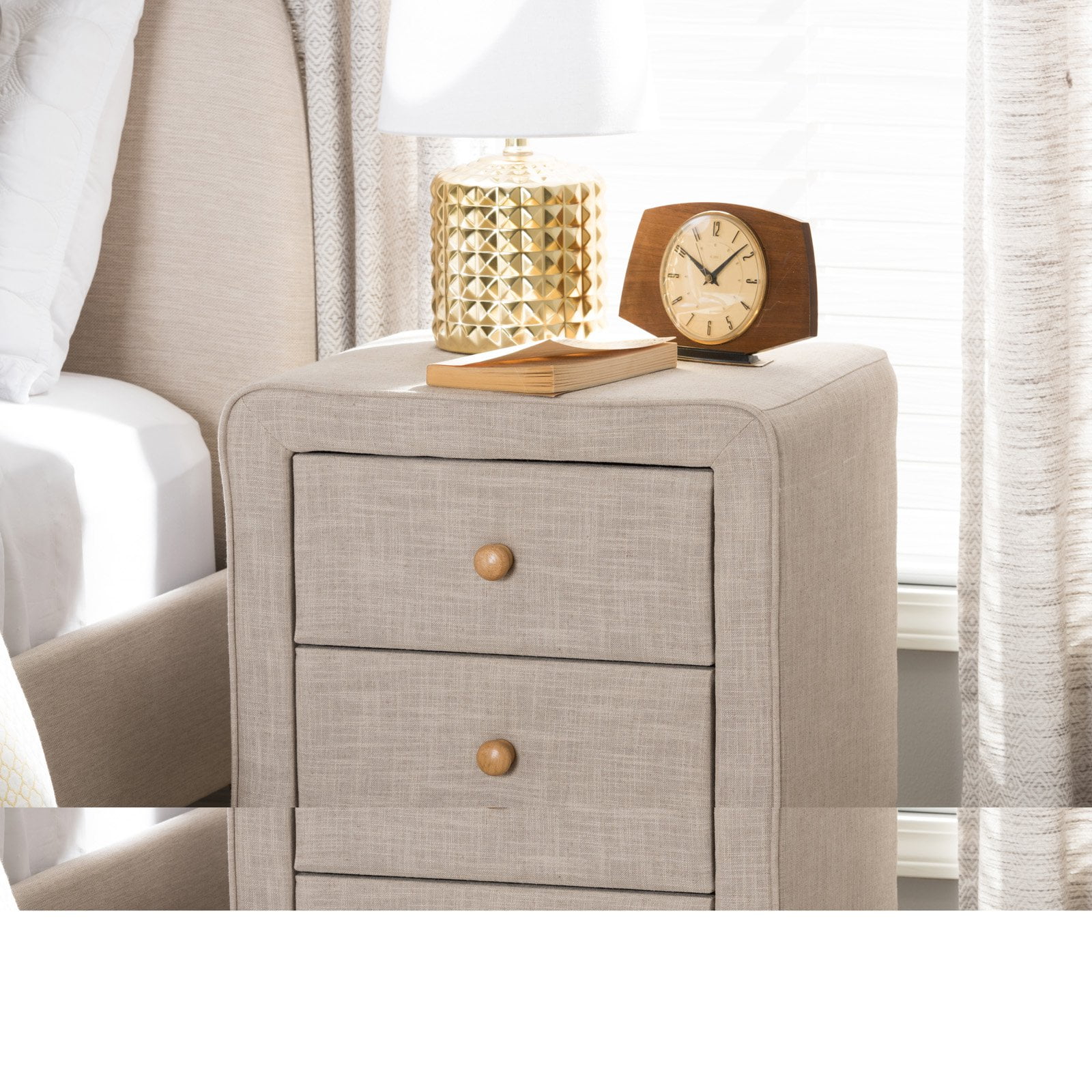 Baxton Studio Jonesy Mid Century Beige Linen Upholstered 2 Drawer Nightstand Walmart Com Walmart Com