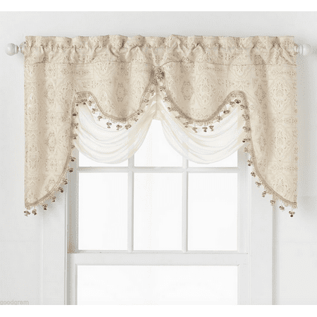- Ultra Elegant Clipped Jacquard Georgette Fringed Window Valance With an Attached Sheer Swag by GoodGram - Beige