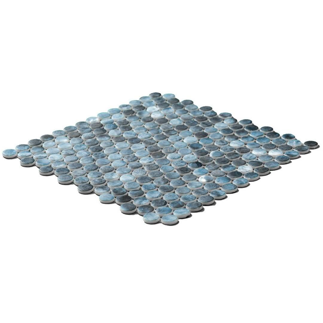 The Tile Life Eterna Penny 1" x 1" Onice Blue Glass Round Mosaic Floor and Wall Tile 1 Sheet